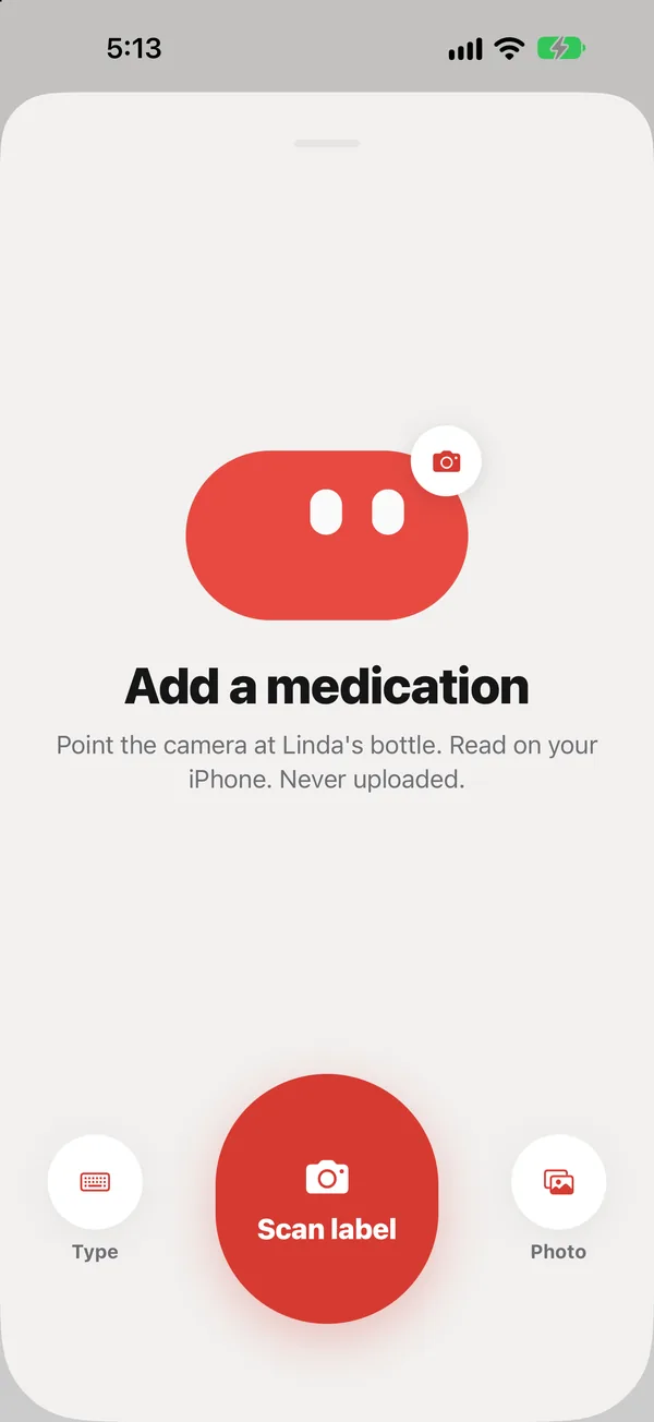 Tap the red + button: scan a label, type it in, or pick a photo