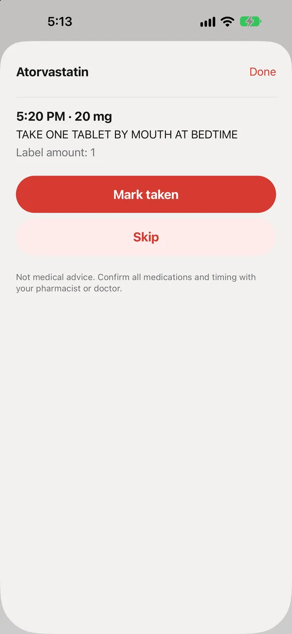 Tap any dose for its directions and the same buttons