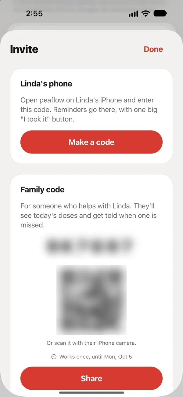 Care → Invite family. Codes are blurred here