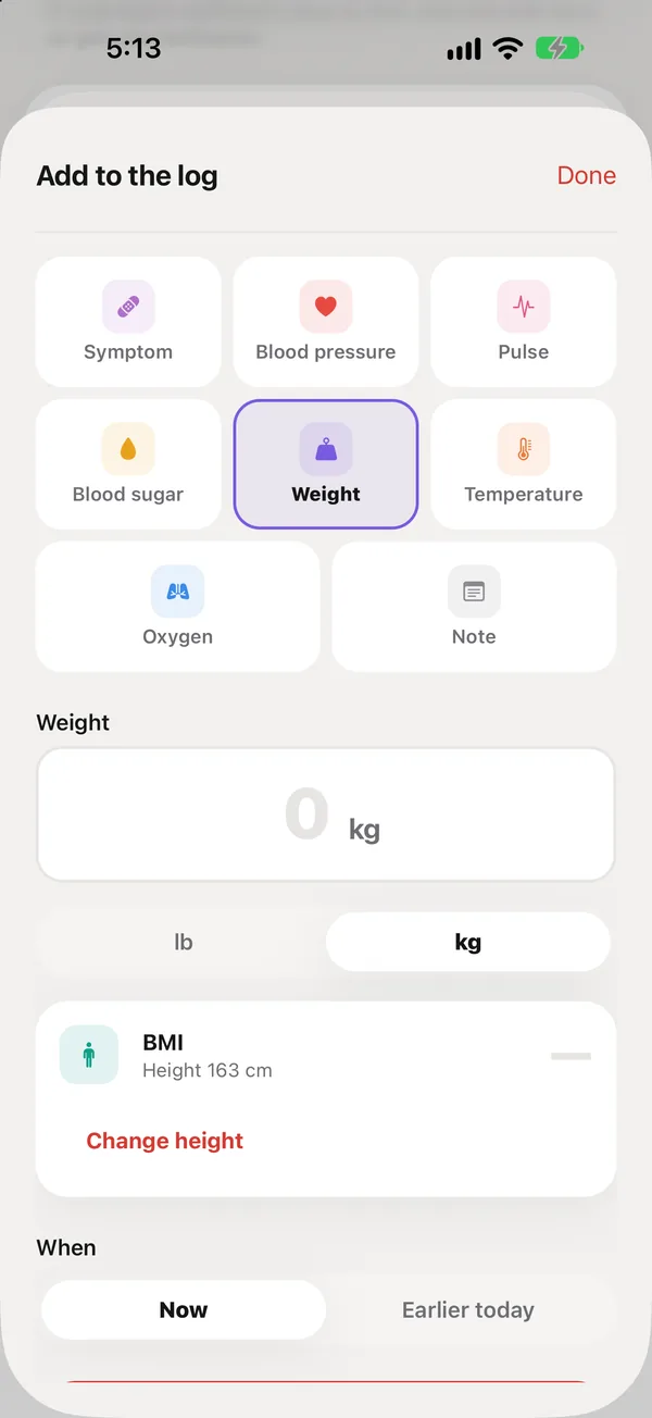 Weight, with BMI underneath