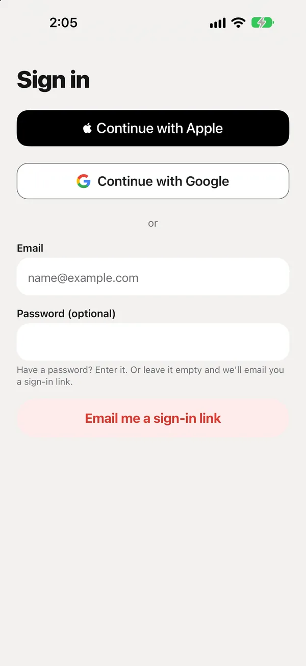 The sign-in screen