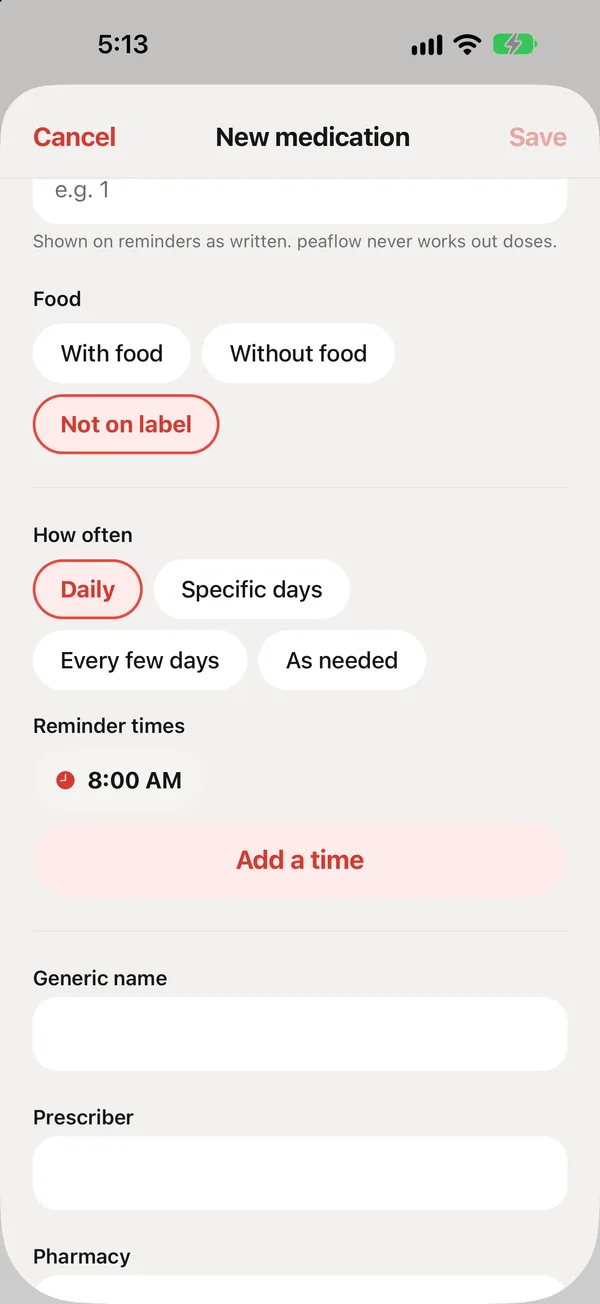 Food, how often, and reminder times