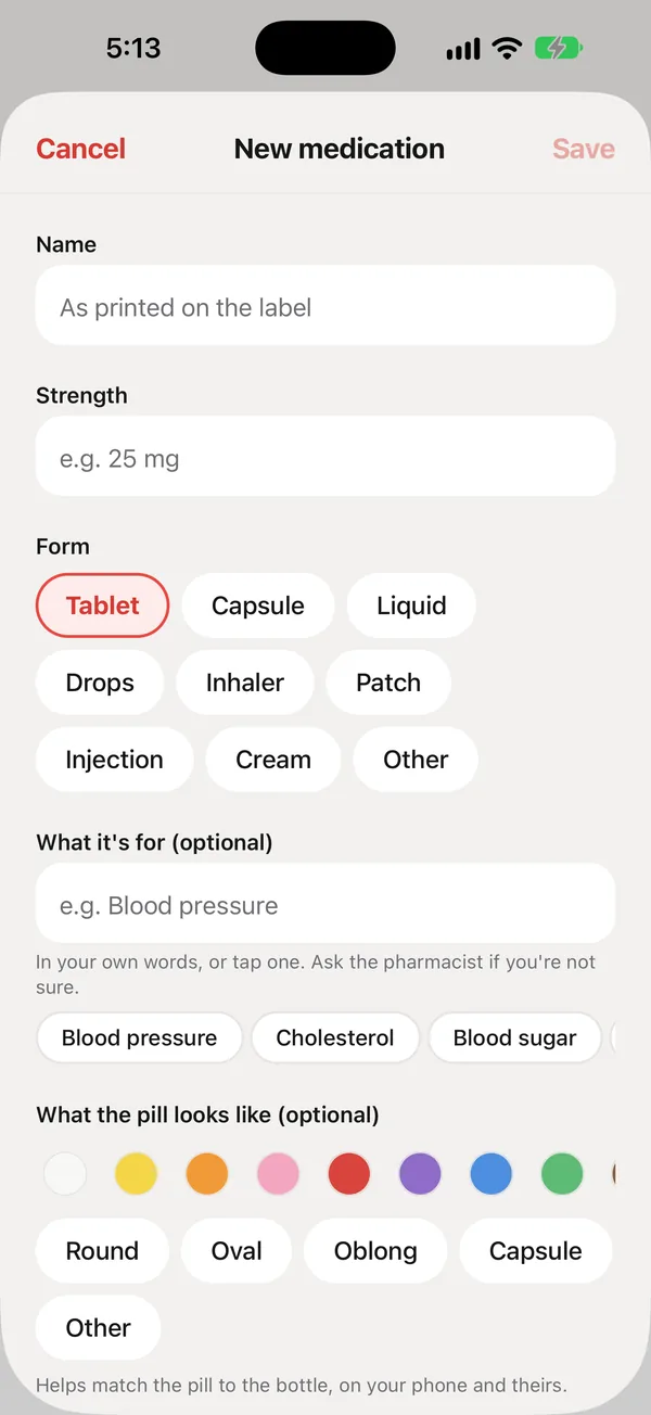 Name, strength, form, what it's for, and what the pill looks like
